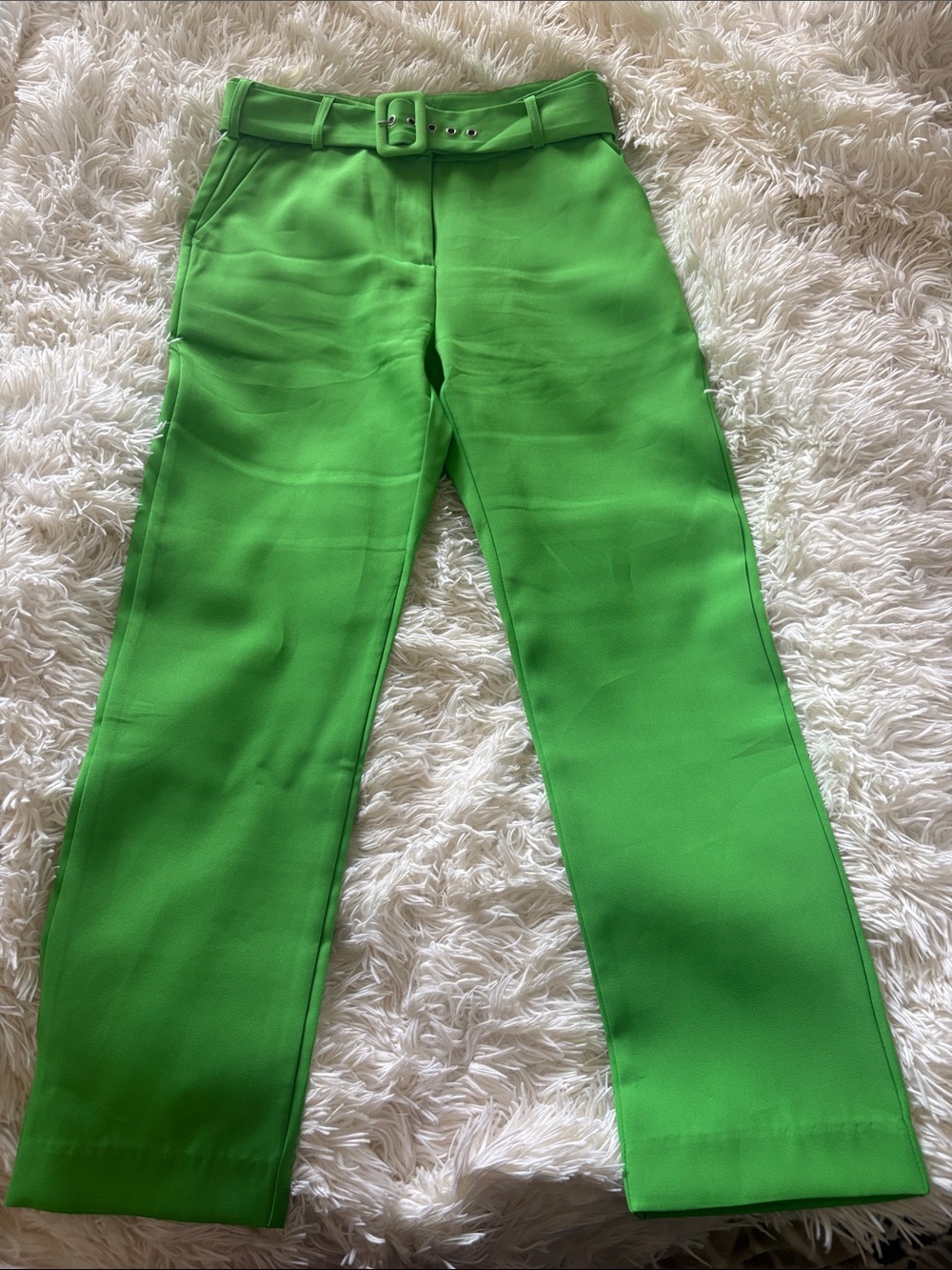 Bright Green Belted Straight-Leg Pants